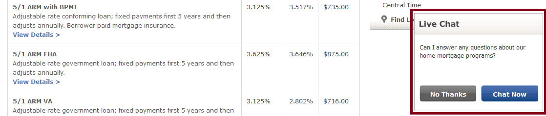 Wells Fargo’s comparison tool and a live chat prompt