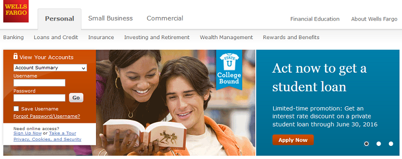 Wells Fargo Bank’s homepage